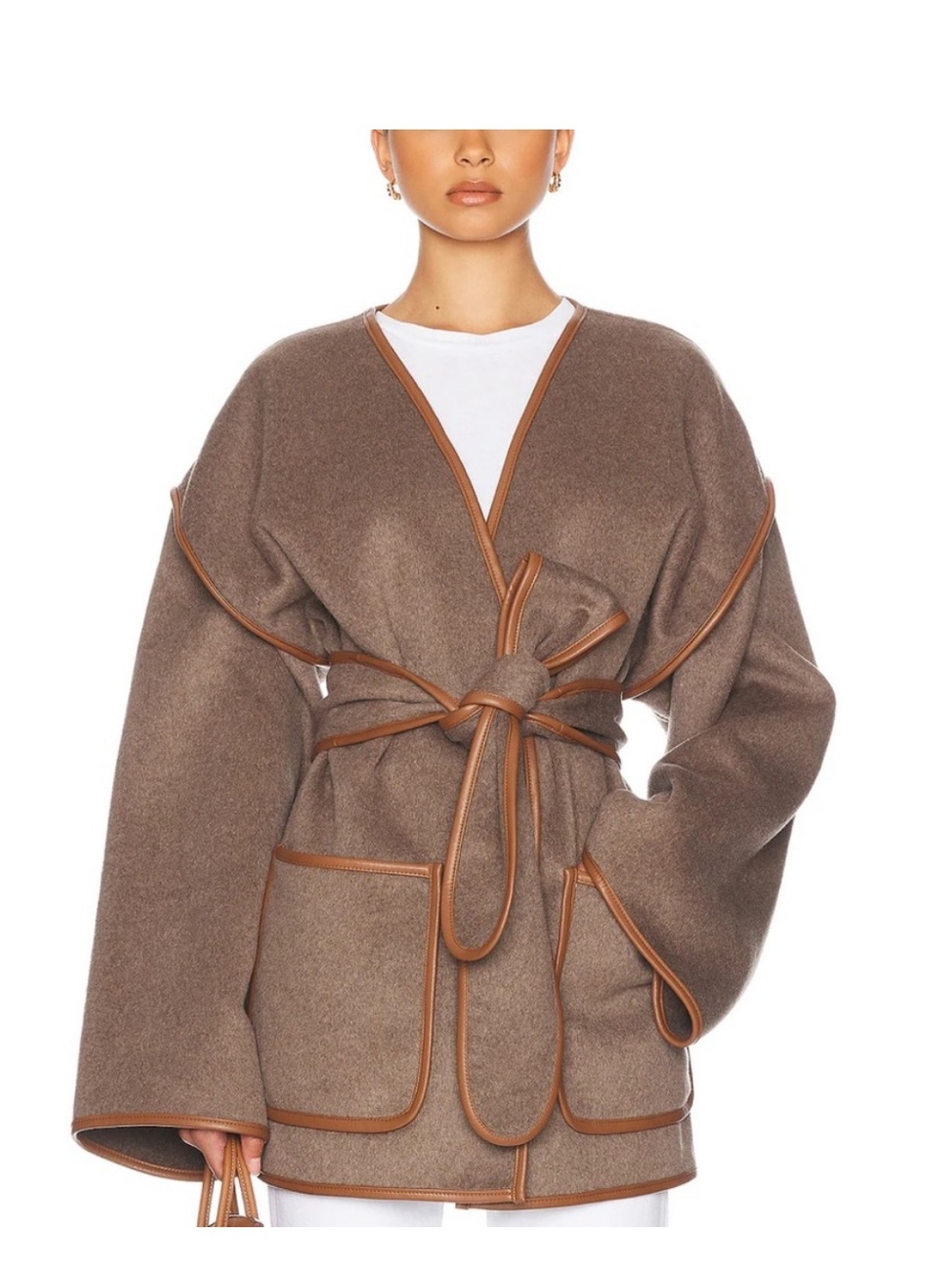 Helsa Brown Wool Blend Wrap Coatigan with Leather Trim